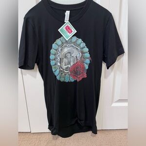 NEW! Black Graphic T-Shirt with Red and Blue Accents